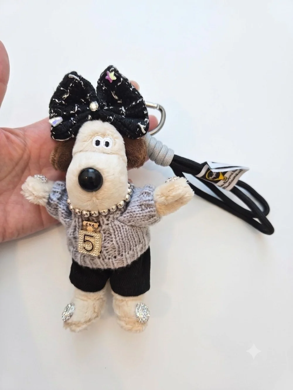 Plush Dog Bag Charm in Gray Sweater with Black Bow